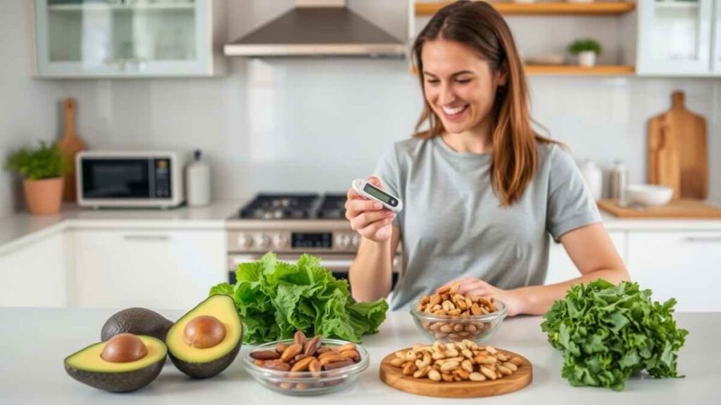 A woman enjoys nuts and avocado while holding a credit card, illustrating a moment of casual dining and financial activity.