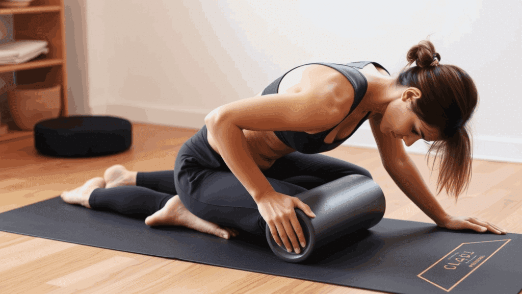 A woman performs Yin Yoga on a mat, using foam rollers to deepen her stretches and promote relaxation during her practice.