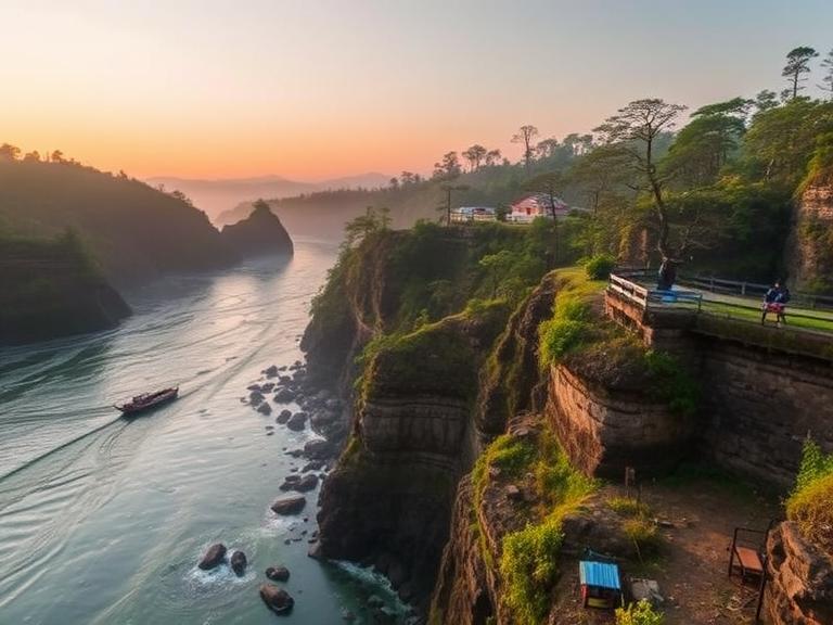 A boat travels along a river adjacent to a cliff, representing a stunning offbeat destination for adventure seekers.