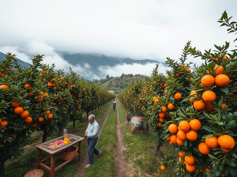 SITONG - Orange orchard in Sitong with villagers picking fruits and cloud-covered hills.