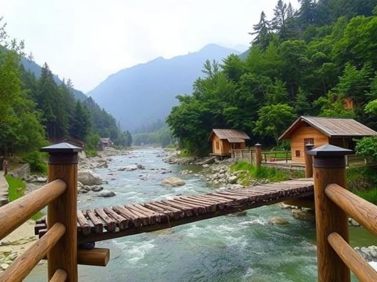 SRIKHOLA-A wooden bridge spans a river in the mountains, highlighted as a Best Offbeat Destination for nature lovers.