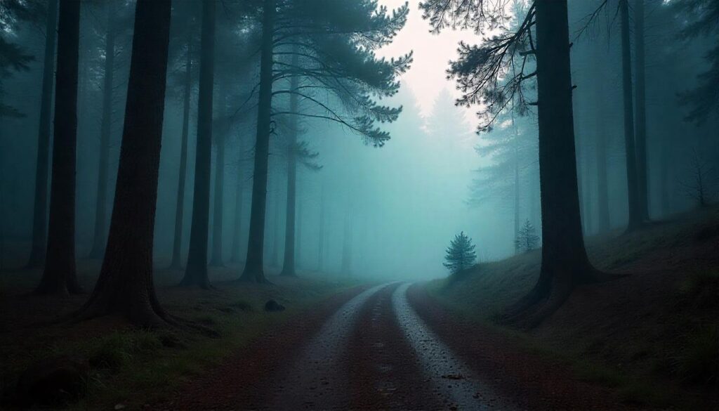 A foggy forest road, showcasing an offbeat destination LAVA with trees shrouded in mist.