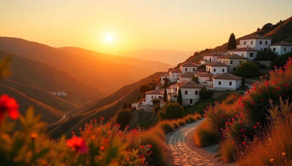 RONGO-Sunset over Kastoria, Greece, showcasing its charming village landscape,