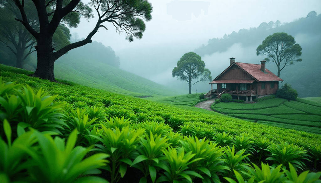 'Best Offbeat Destination”
Tea gardens and misty landscape in Samsing with eco-cottage view