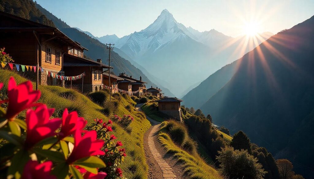 A scenic path leads to a mountain village, framed by vibrant flowers in the foreground, highlighting an offbeat destination.