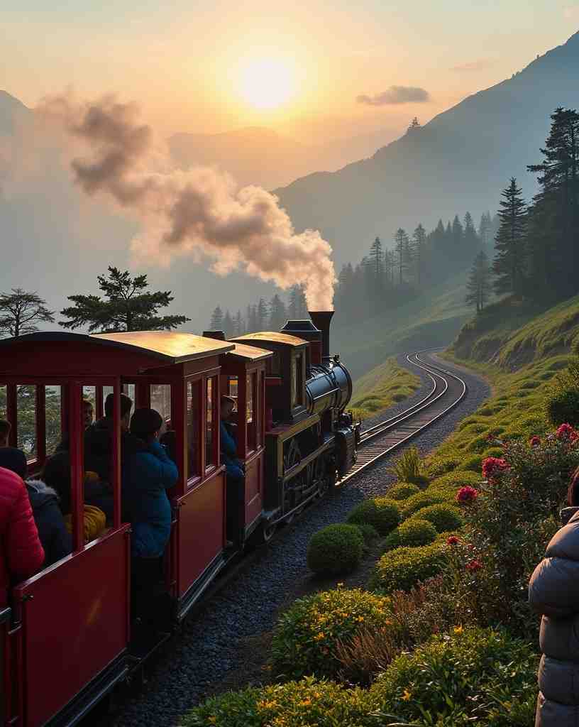 :“Darjeeling Travel From Delhi” A colorful train winds past tiered tea plantations and a traditional pagoda, with sunlit Himalayan peaks rising majestically behind.