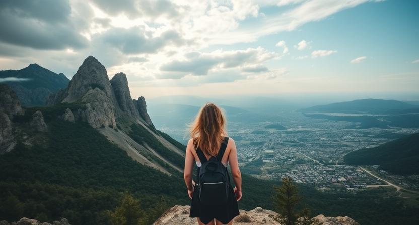 Woman enjoying a panoramic view of a city from a mountain summit, perfect for solo trip inspiration.