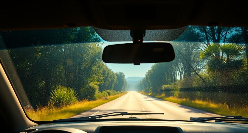 Inside a car, a scenic view of a tree-lined road and grassy areas, ideal for enjoying road trip games.