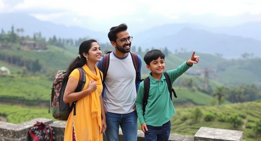 A family enjoying a scenic view from a hilltop in Kerala, sharing moments together during their budget travel adventure.