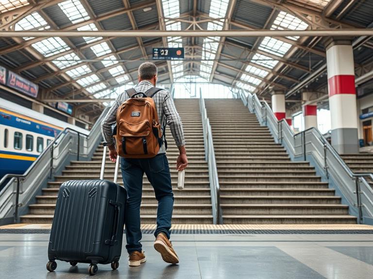 A traveler with a backpack and suitcase walks down stairs, highlighting the importance of good travel gear.