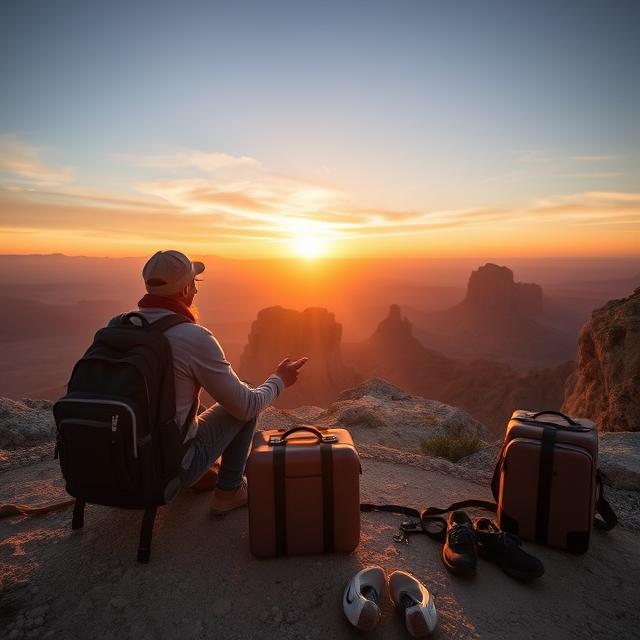 A man atop a mountain with luggage, watching a sunset, highlighting the significance of packing smart for travel.
