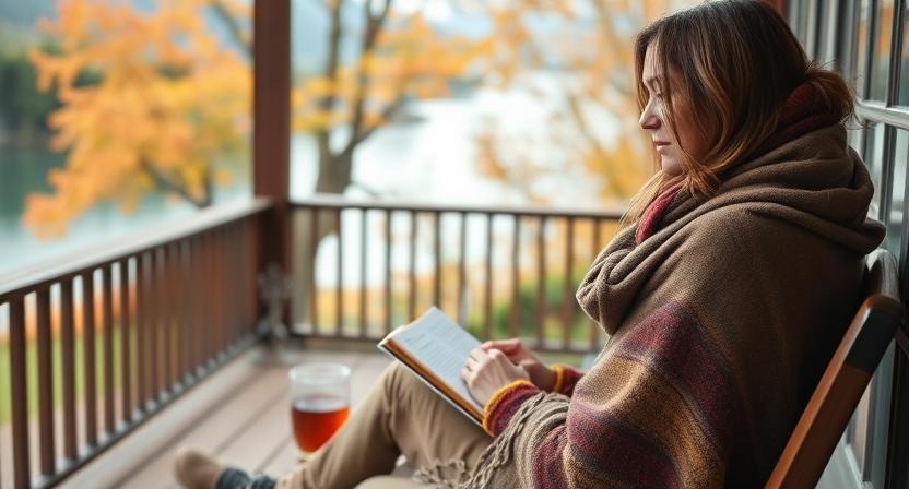 Solo Travel Reflection
“Woman journaling by a lake during a solo healing journey to find emotional clarity and peace.”