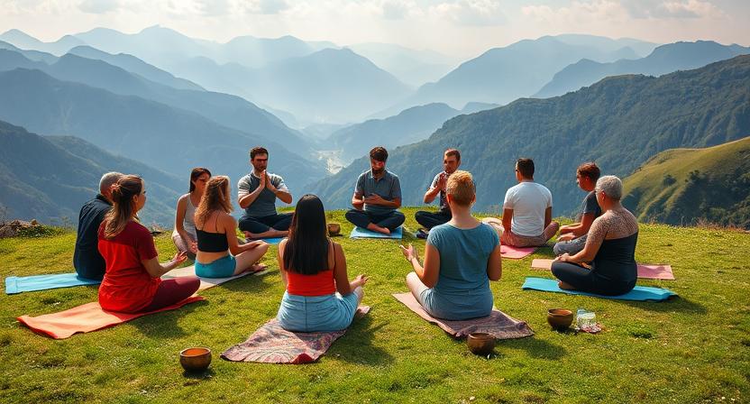 “Group meditation session at a holistic wellness retreat in nature with scenic mountain views.”