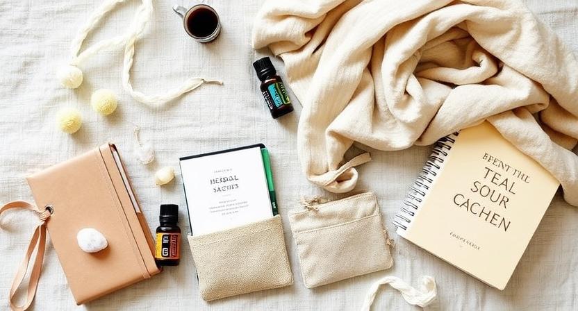 What to Pack
“Flat lay of mindful travel essentials for a healing trip, including journal, teas, oils, and crystals.”