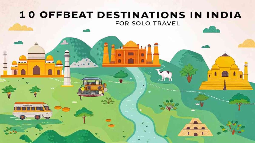 A collage showcasing 10 unique solo travel destinations in India, featuring vibrant landscapes and cultural highlights.