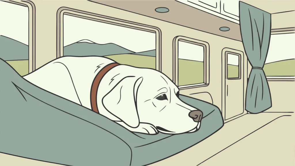 Senior dog resting peacefully on a comfortable bed during a break.
