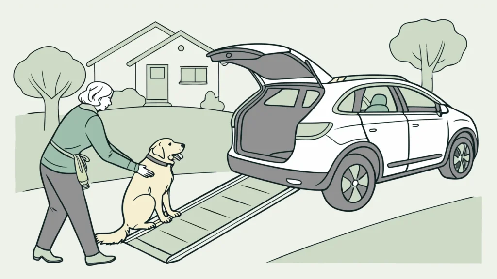 :** Couples carefully assist their senior dog with a ramp, ensuring safety on their holidays.