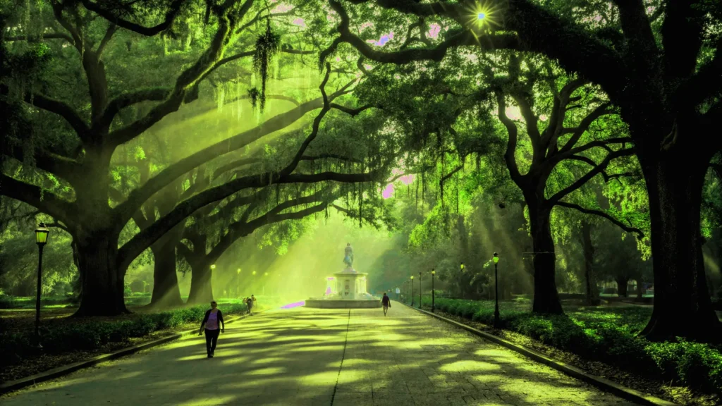An aerial view of the Spanish moss-draped oak trees lining the walkway in Forsyth Park, Savannah.
