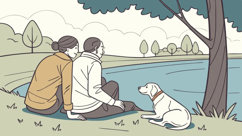 Peaceful moment shared by a couple and their elderly dog during their relaxing.