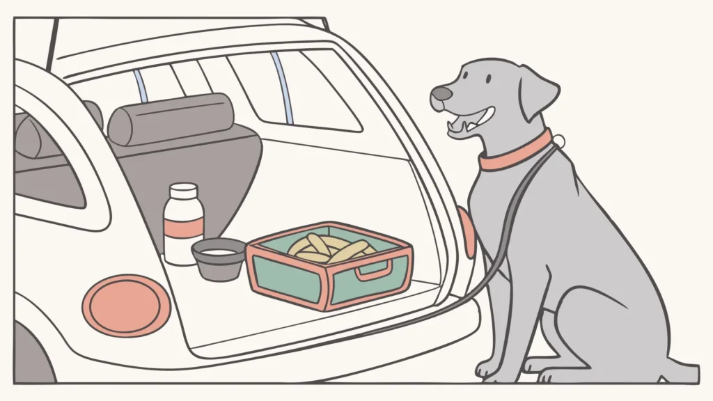 Car packed and ready for couple road trip senior dog holidays, showing essential supplies for the canine companion.