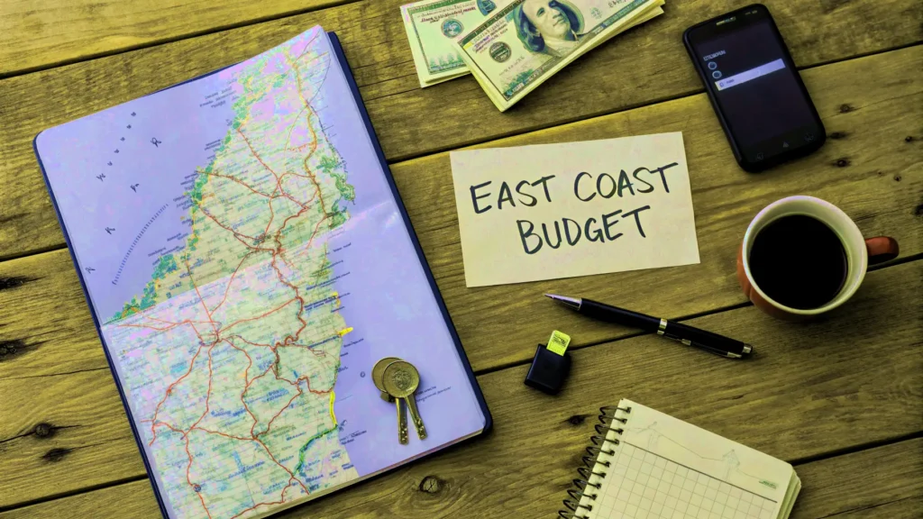 A flat lay of items for planning an east coast road trip budget, including a map, cash, and a smartphone.