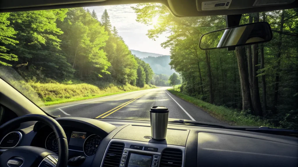 A view of a scenic road from inside a car with an E-ZPass on the windshield, a pro tip for an East Coast road trip.