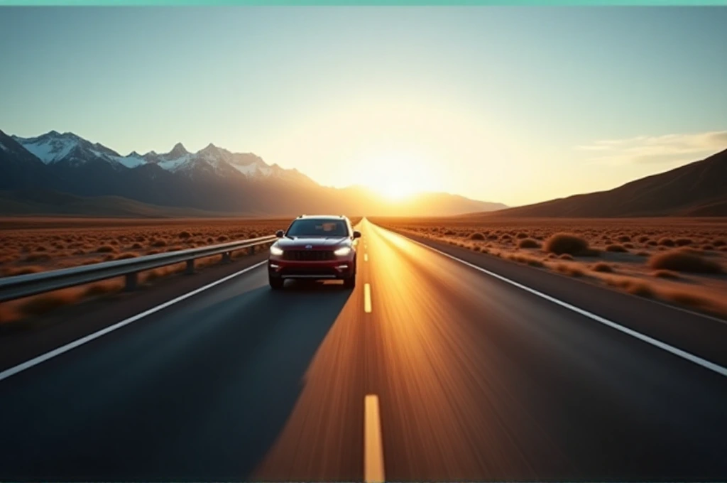 A sleek black SUV drives along a smooth, empty highway at sunrise, surrounded by a vast desert landscape. Snow-capped mountain peaks loom in the distance under a clear sky, as golden sunlight bathes the road and desert in a warm, glowing hue. The scene evokes a sense of freedom, adventure, and the open road.