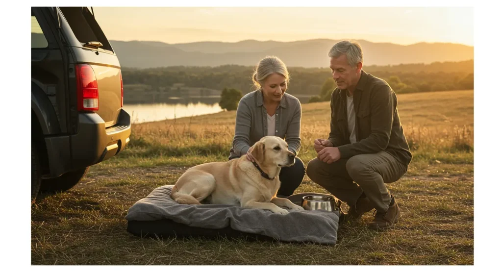 "Couple Road Trip Senior Dog Holidays!"
Couple enjoying a scenic drive during their couple road trip senior dog holidays, with their elderly dog comfortable in the back.