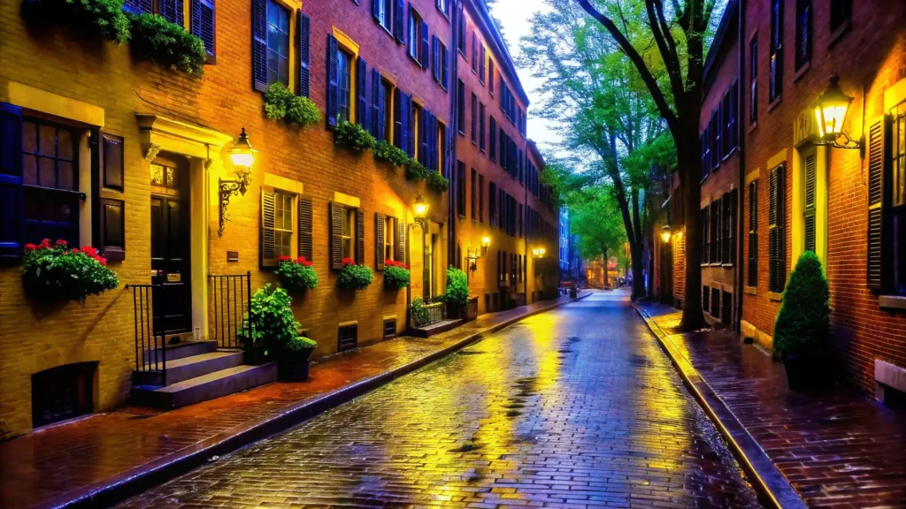 Boston street at night, vibrant lights reflecting the lively atmosphere of a New England road trip.