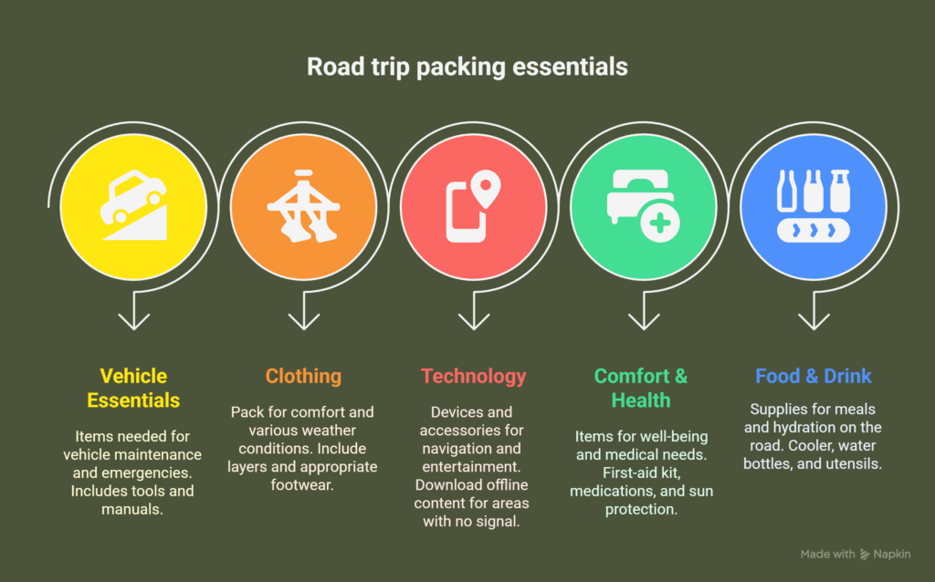 Infographic detailing essential packing items for a road trip, featuring categories and tips for travelers.