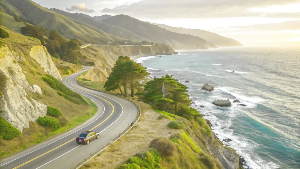 "Convertible car cruising along the Pacific Coast Highway with scenic cliffs and ocean waves — perfect for a 2025 West Coast road trip adventure."