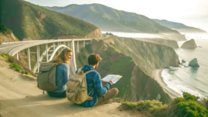 "Couple planning a West Coast road trip at Big Sur with scenic views of Bixby Bridge, symbolizing flexible 2025 travel adventures."