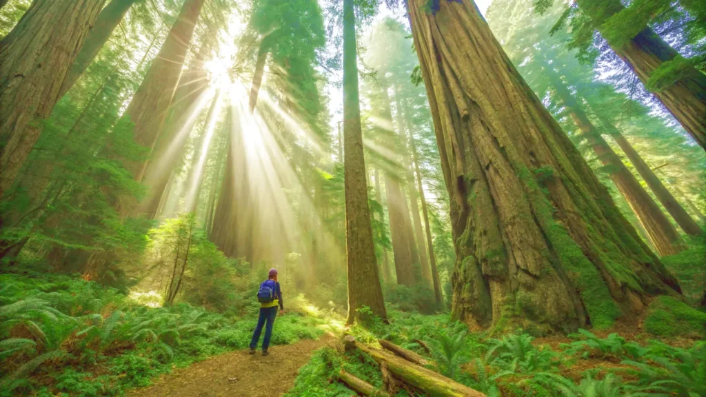 A traveler dwarfed by the immense size of a giant redwood tree as sunbeams filter through the forest during a Northern California west coast road trip.