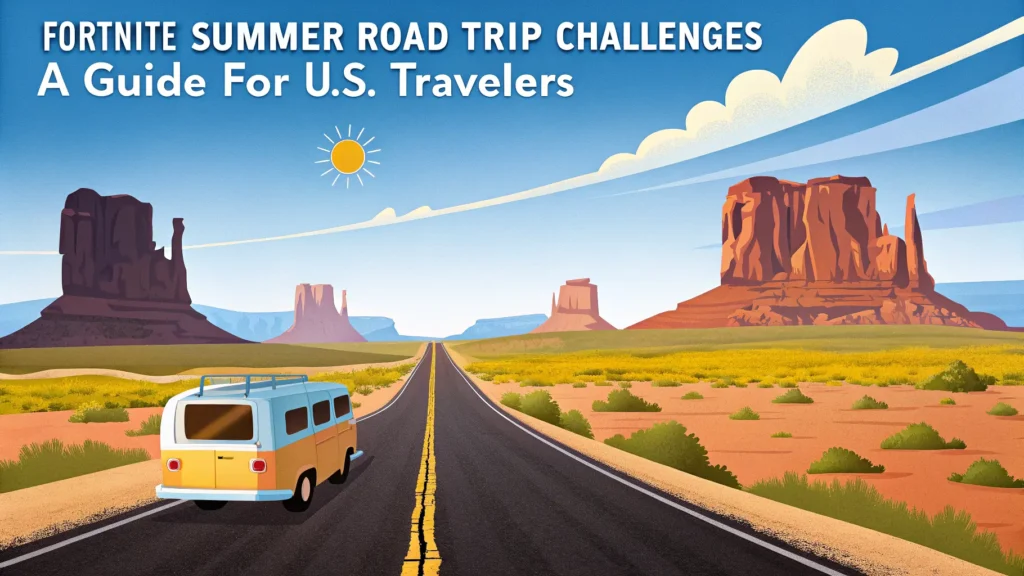 "A scenic road trip through the American countryside with a vintage van driving down a winding highway, surrounded by desert rock formations and bright, vibrant skies in a Fortnight summer road trip challenge style."