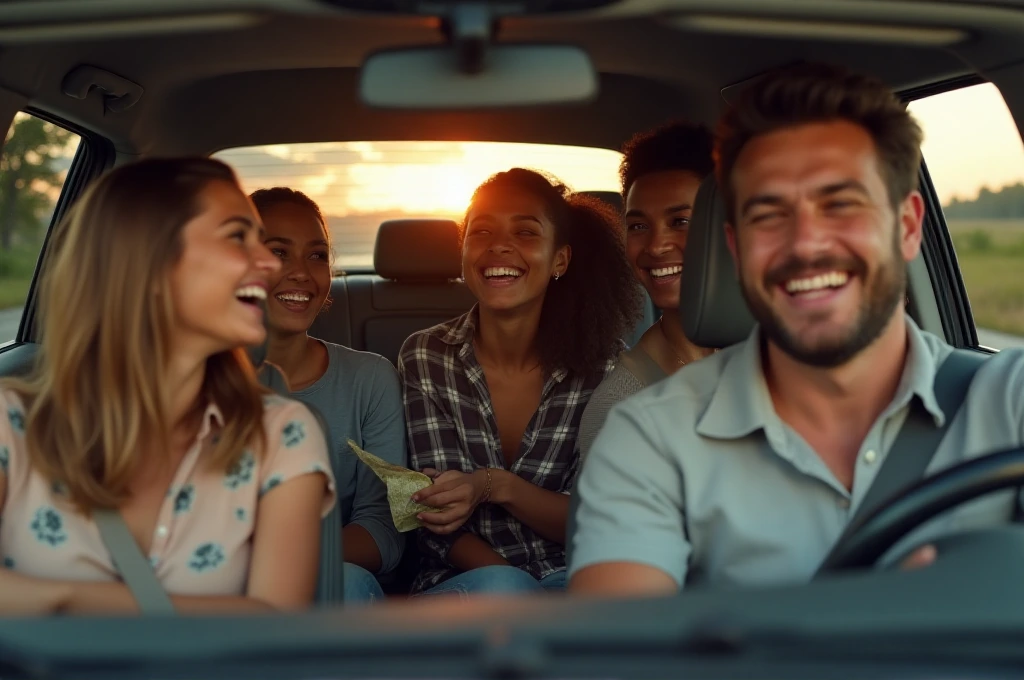 A cheerful group of friends in a car, laughing and smiling as they enjoy each other's company on a journey.