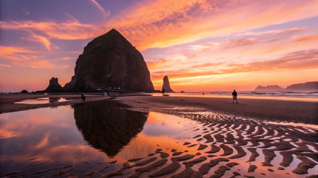 A stunning sunset over Cannon Beach, Oregon, with Haystack Rock towering in the background, reflected in shallow tidal pools on the rippled sandy shore as a few people stroll along the beach.