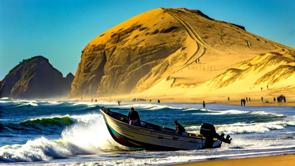 A small motorboat crashes through the surf on a vibrant blue ocean, with golden sand dunes and rugged cliffs rising dramatically in the background, dotted with people climbing and exploring under a clear blue sky.