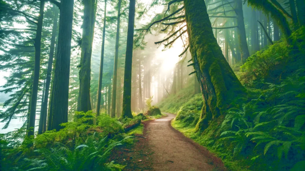 Sunlight beams through a lush, moss-covered forest with towering evergreen trees and a winding dirt trail leading into the mist, surrounded by vibrant green ferns and foliage.