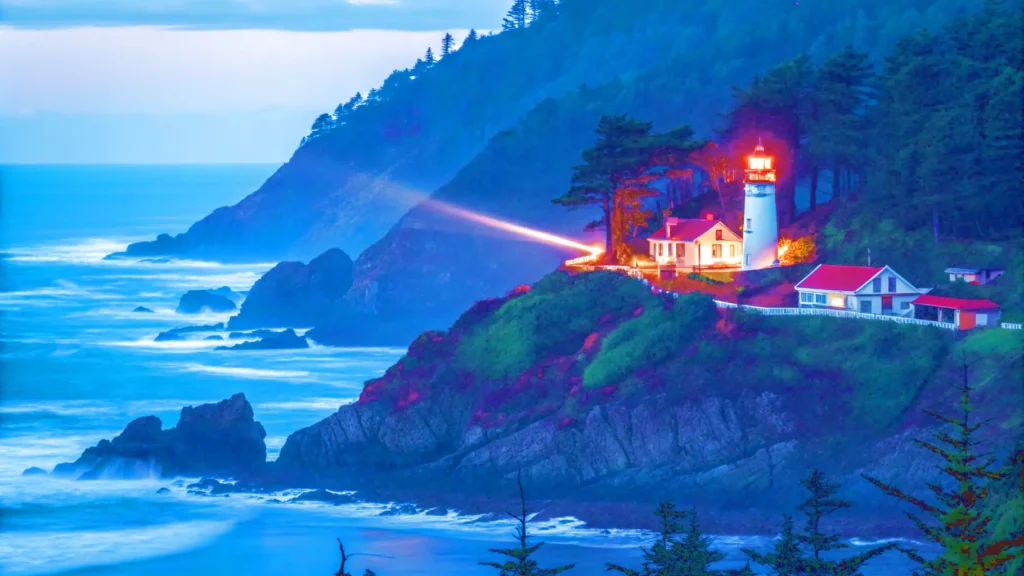 A lighthouse perched on a hill, overlooking the ocean, captured during an Oregon coast road trip.