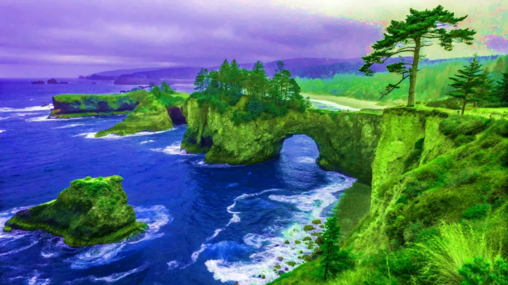A vibrant green and purple landscape featuring a dramatic cliff overlooking a serene ocean.