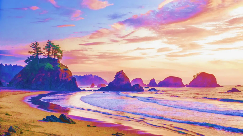 A vibrant sunset paints the sky in hues of orange, pink, and purple over a tranquil beach.