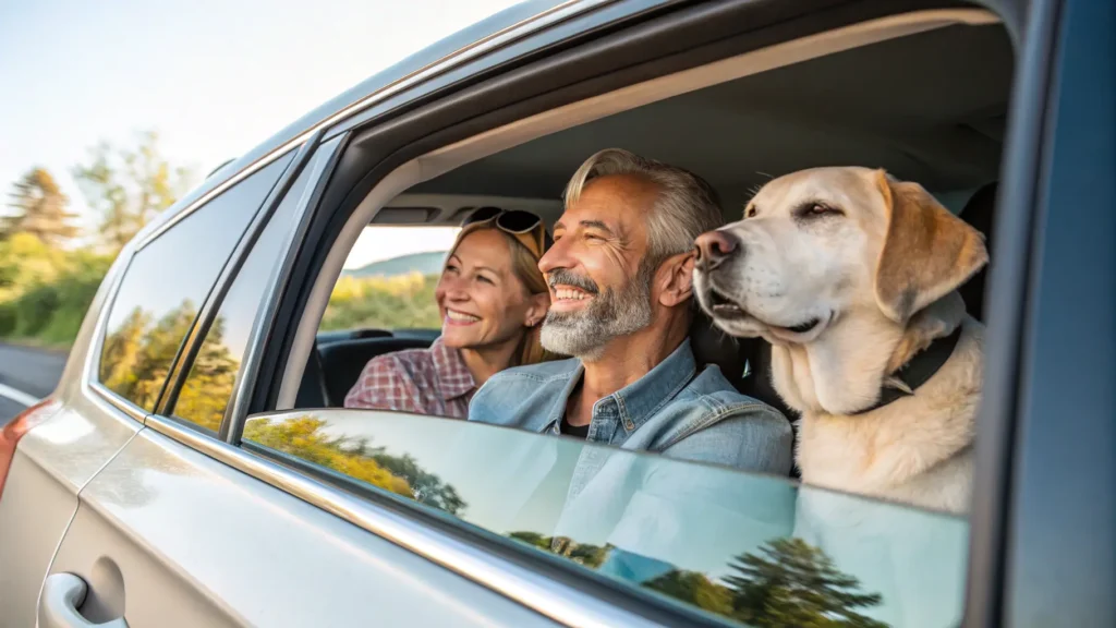 A couple travels in a car with their senior dog, capturing the joy of a holiday road trip.