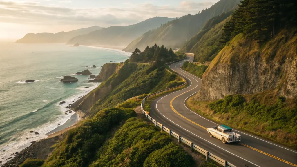 Cinematic aerial view of a classic vintage car towing a small trailer along a winding coastal highway, surrounded by lush green hills and overlooking a scenic ocean shoreline with sea stacks and crashing waves under a golden sunset sky.