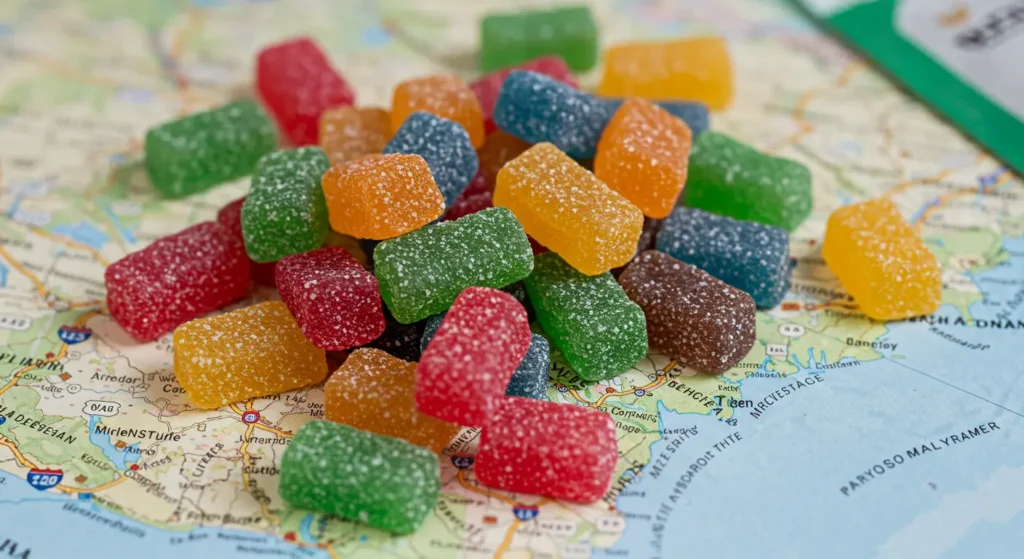 A vibrant map adorned with gummy bears, symbolizing a playful road trip adventure centered around mushroom gummies.