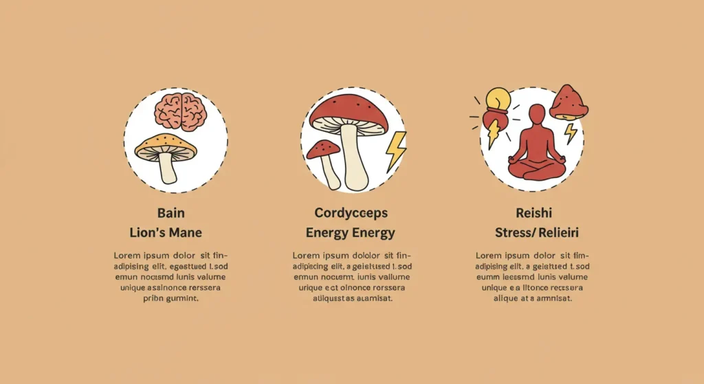 Three types of mushrooms displayed with labels highlighting their health benefits and nutritional values.
