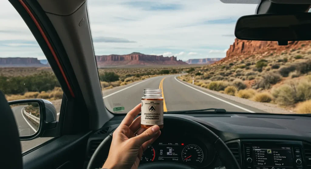 Inside a car, an individual is holding a bottle of vitamin C, emphasizing health and wellness on the go.