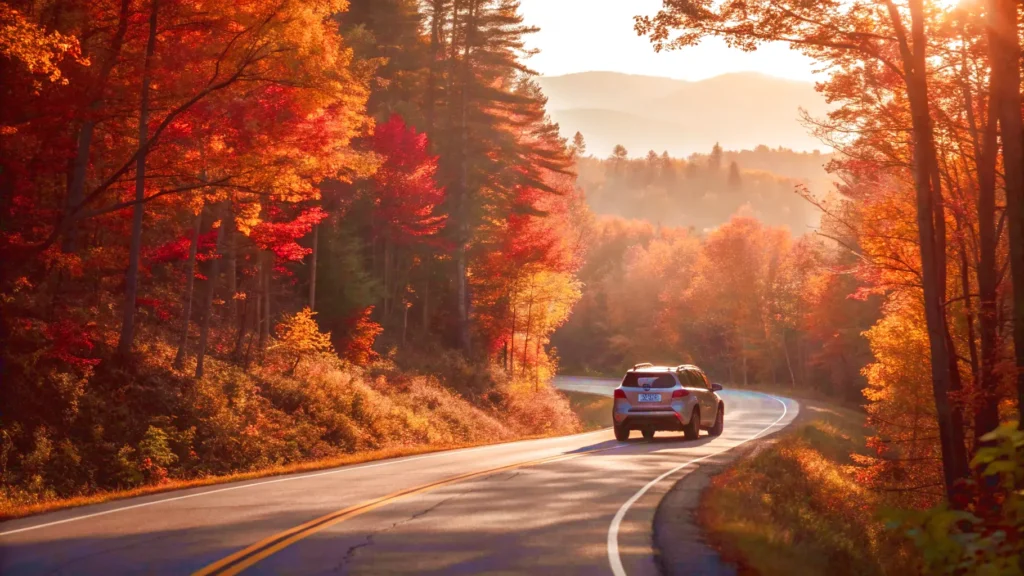 A SUV driving down a scenic New England road surrounded by vibrant fall foliage.