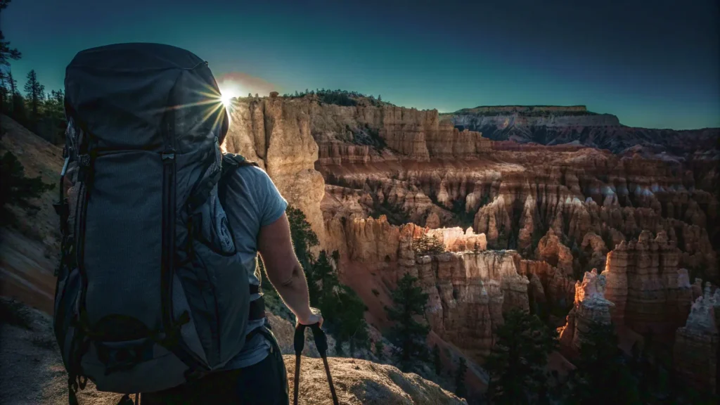A hiker looking over the hoodoos of Bryce Canyon National Park, a key destination in a southwest USA road trip itinerary.