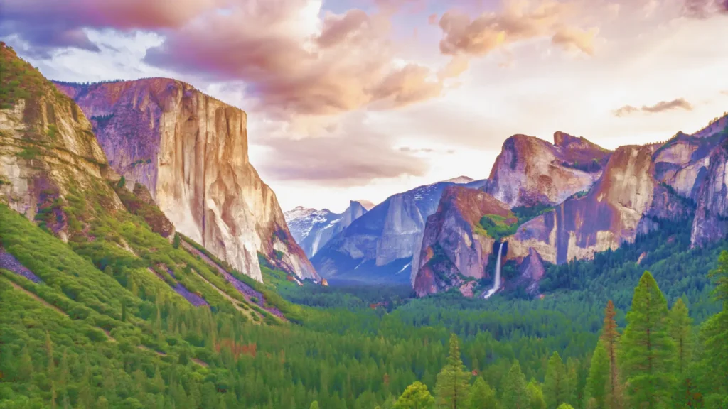 The iconic Tunnel View of Yosemite Valley at sunset, a popular national park detour on an epic west coast road trip.