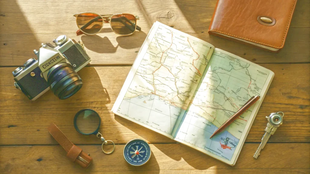 A flat lay of road trip essentials including a map, camera, and journal, for planning a successful west coast road trip.
